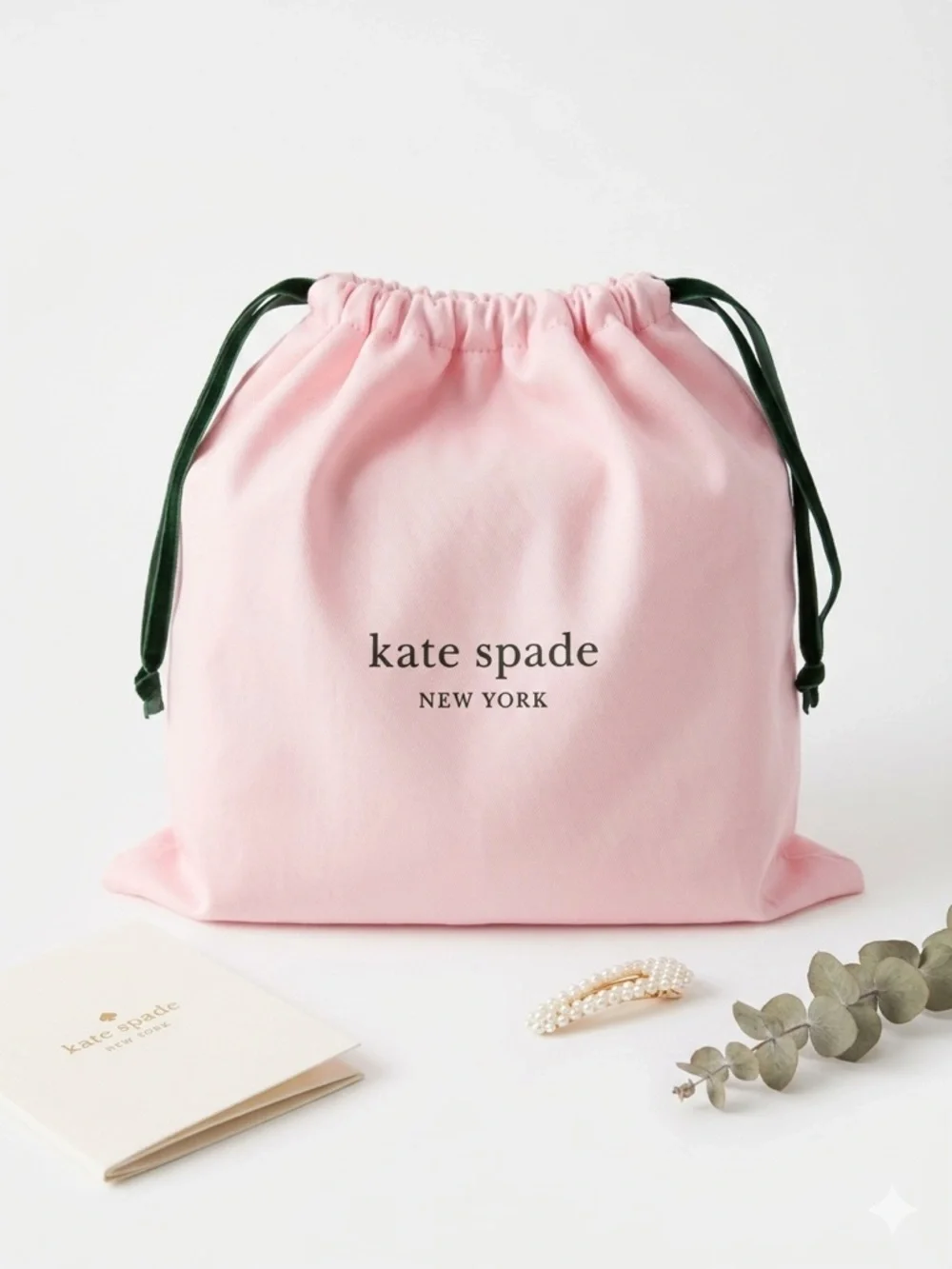 Kate Spade New York Soft Pink Drawstring Dustbag Pouch with Dark Green Ties